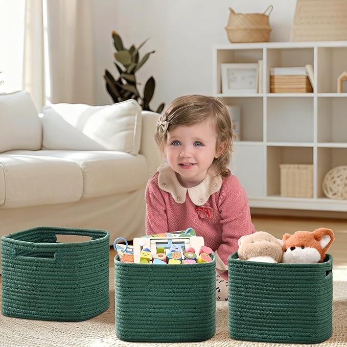 3 Pack Cube Storage Bin, 9”x9”x7” Cotton Rope Woven Baskets for Organizing Toys Clothes Towels, Square Gift Storage Baskets for Shelf, Nursery, Closet, Bathroom, Pantry (Green)