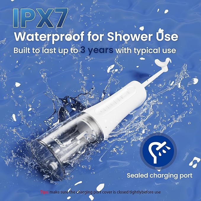 Cordless Water Flosser for Teeth, U-Shaped Flossing 360° Deep Clean, 5 Modes 7 Jet Tips for Adult & Child, Portable Rechargeable Dental Flosser Pick for Braces, Travel, 350ML Large Tank