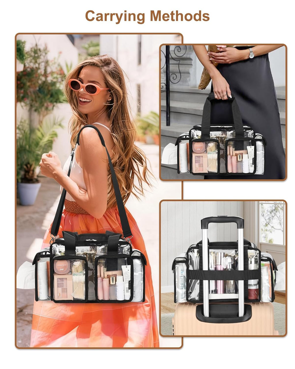 Relavel Clear Makeup Bag Professional Makeup Artist Kit Set Travel Cosmetic Organizer Case Transparent Stadium Approved Tote Bag Toiletry Lunch Duffle Work Shoulder Bag with Adjustable Dividers, Black