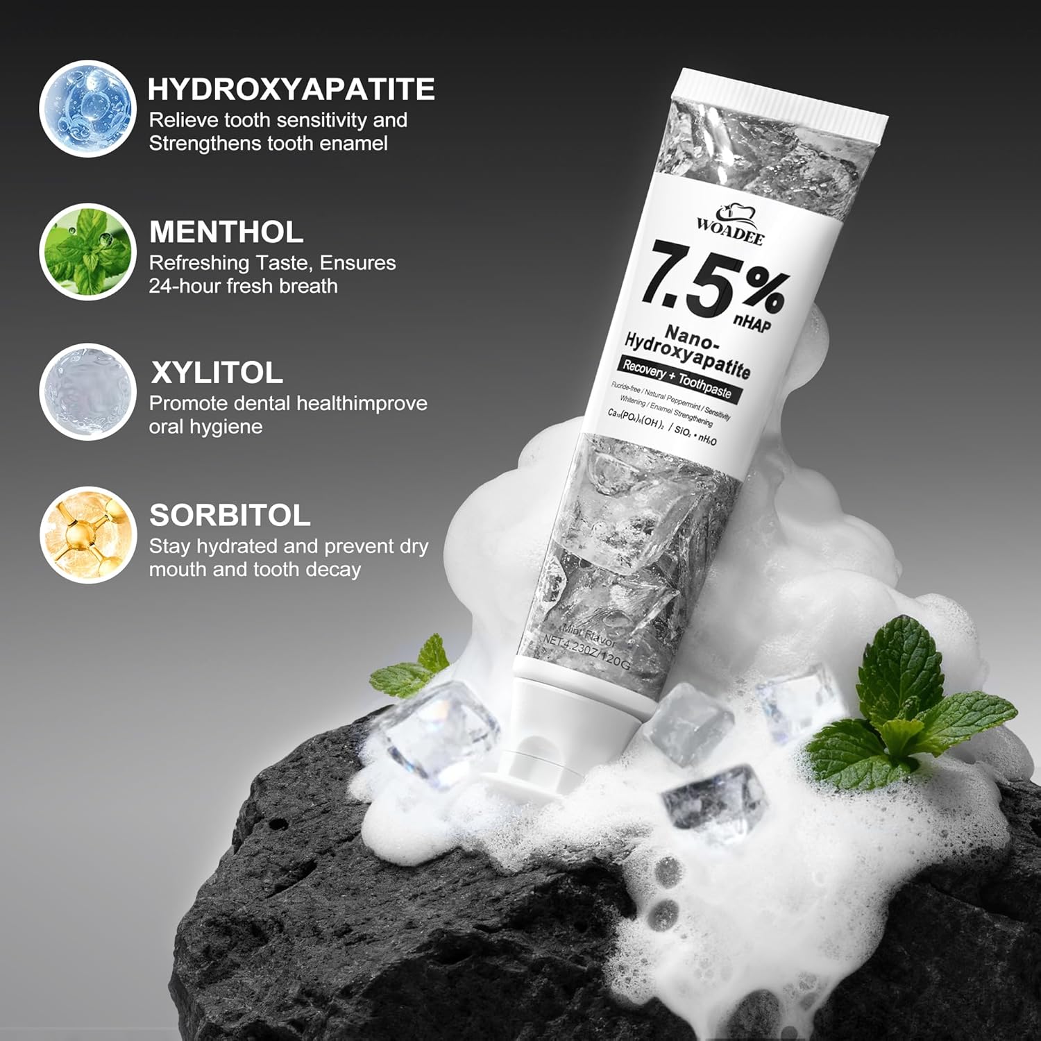 Woadee Hydroxyapatite Toothpaste for Advanced Enamel Protection-Tooth Strengthening, Fluoride-Free Fluoride for Adult, Kids Free Formula with Gentle Mint, Fresh Breath, Reduce Tooth Sensitivity 3pcs