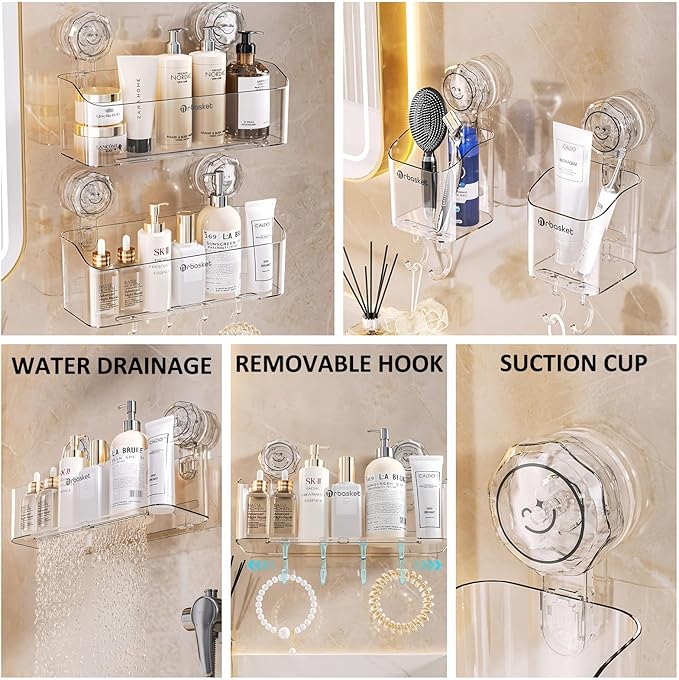 2-Pack Suction Cup Shower Caddy Set, Wall Mounted Suction Rack, Bathroom Shower Shelf Basket Set with Shower Organizer and Toothbrush Holder (No Drilling Required)