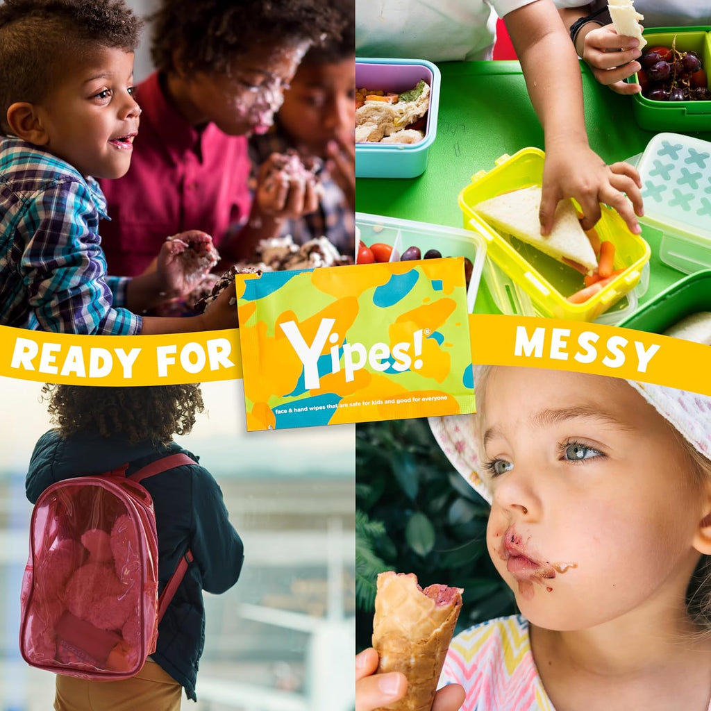 Yipes! Kids Face and Hand Wipes | Compostable Wet Wipes for Sensitive Skin | Individually Wrapped | Classroom Must Haves | Travel Essentials | For Backpacks, Lunchboxes, Classroom Supplies | 4 pack