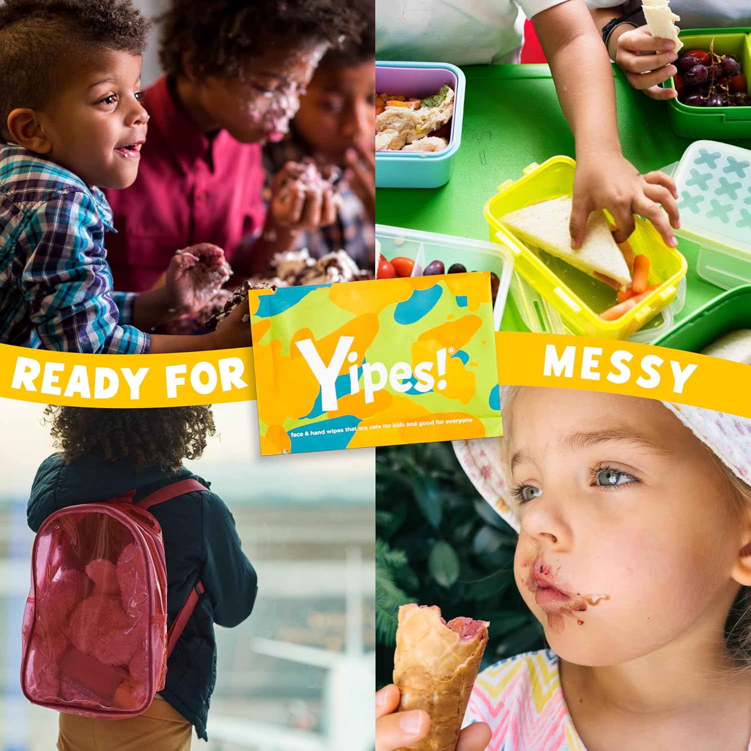 Yipes! Kids Face and Hand Wipes | Compostable Wet Wipes for Sensitive Skin | Individually Wrapped | Classroom Must Haves | Travel Essentials | For Backpacks, Lunchboxes, Classroom Supplies | 4 pack
