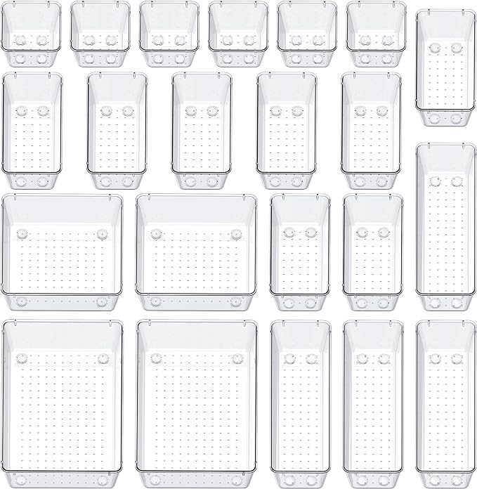 SMARTAKE 22-Piece Drawer Organizer with Non-Slip Silicone Pads, 5-Size Clear Desk Drawer Organizer Trays Storage Tray for Makeup, Jewelries, Utensils in Bedroom Dresser, Office and Kitchen, Clear
