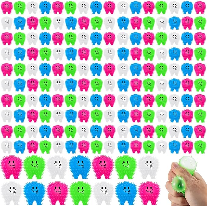 150 Pcs Mini Tooth Toys Fidget Stress Relief Puffer Squeezy Dental Dentist Toys Birthday Party Gifts School Office Prizes, 2 Inch (Multicolored)