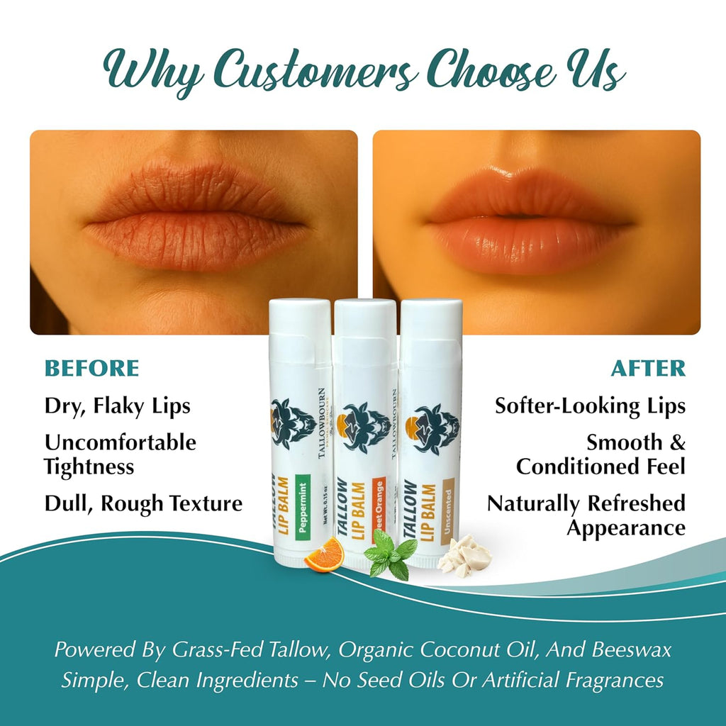 Moisturizing Tallow Lip Balm – Grass-Fed Beef Tallow with Organic Coconut Oil, Beeswax, and Vitamin E – Lip Balm Set – Variety Pack – Travel Essential – 3-Pack