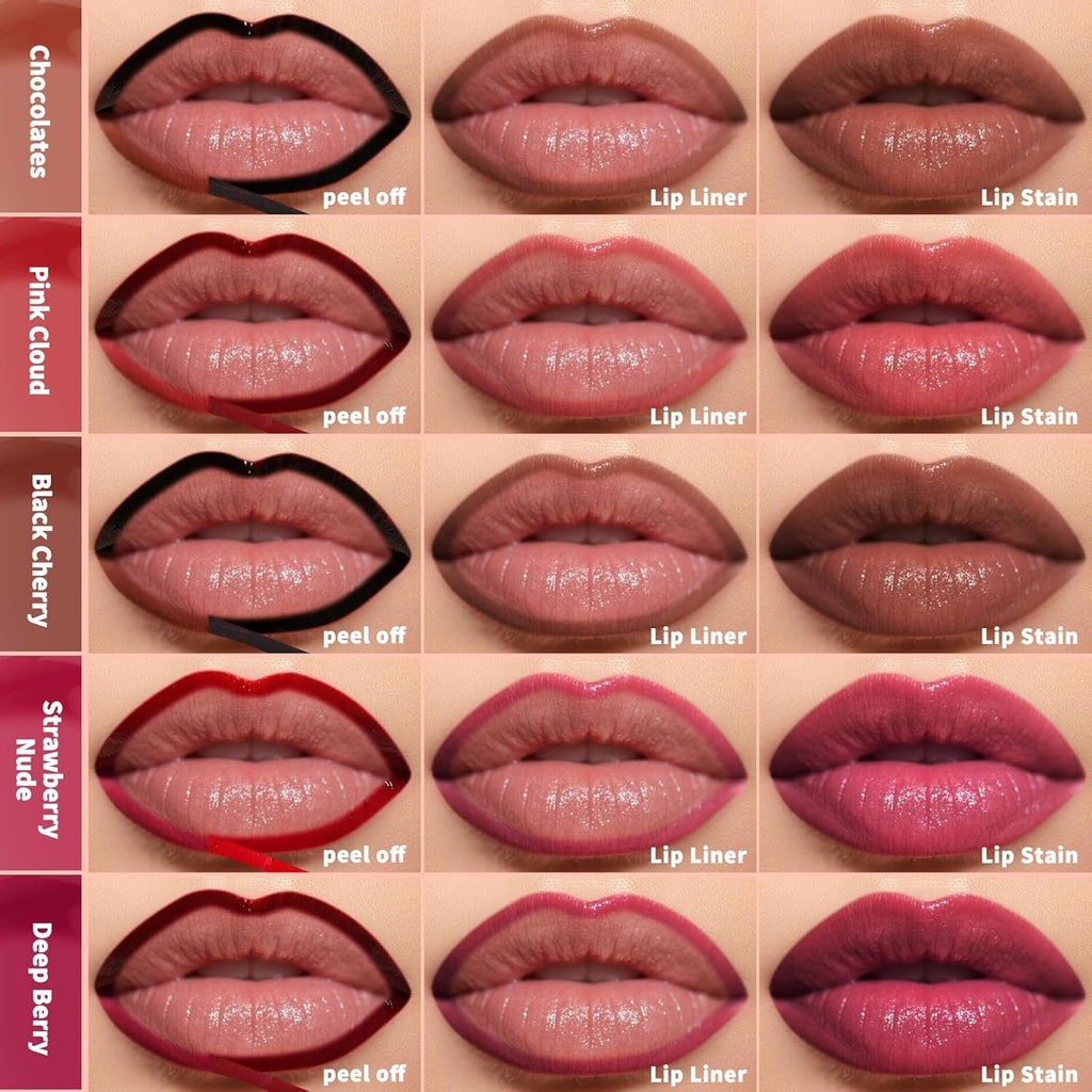 KIMUSE 5Pcs Peel Off Lip Stain, Long Lasting Lip Liner Stain, Waterproof, Transfer-Proof, Smudge-Proof, Highly Pigmented Lip Stain Peel Off Set for All Day Color Hold