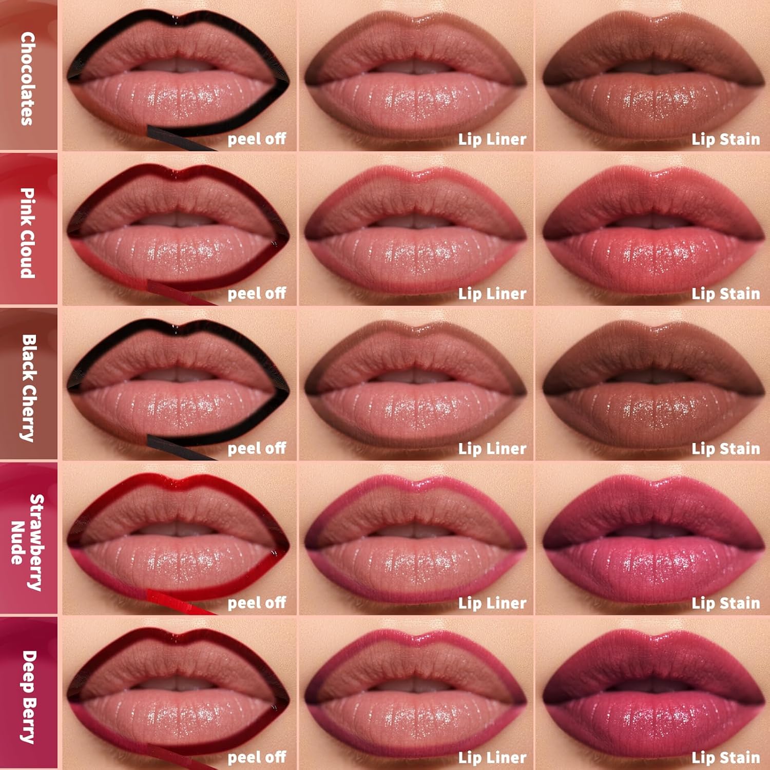 KIMUSE 5Pcs Peel Off Lip Stain, Long Lasting Lip Liner Stain, Waterproof, Transfer-Proof, Smudge-Proof, Highly Pigmented Lip Stain Peel Off Set for All Day Color Hold