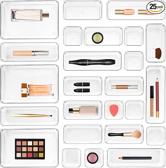 Ravinte 25 PCS Drawer Organizer Plastic Storage Bins, 4 - Size Kitchen Drawer Organizer with Non-Slip Pads Clear Desk Storage Tray for Makeup, Jewelries, Kitchen Utensils and Office