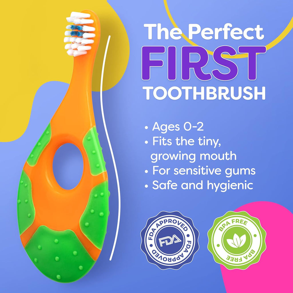 Baby Toothbrush 12 months and up - Toddler Toothbrush - Soft Bristles - Child Sized Brush Heads - infant toothbrush - Kids Tooth Brush - Easy Storage - Unisex Girl & Boy Set (4-Pack, Multi-Color)