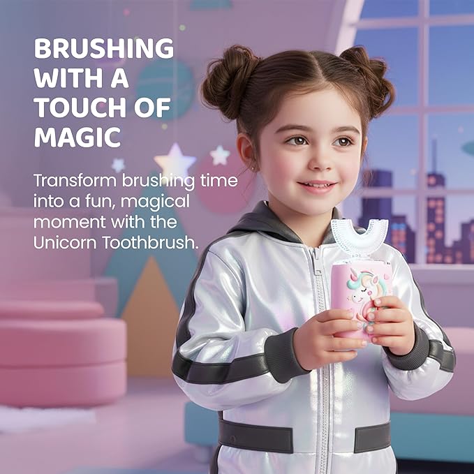Well Before Ultrasonic Kid's U-Shaped Electric Toothbrush, IPX7 Waterproof, Five Cleaning Modes (Unicorn, Purple Ages 2-7)