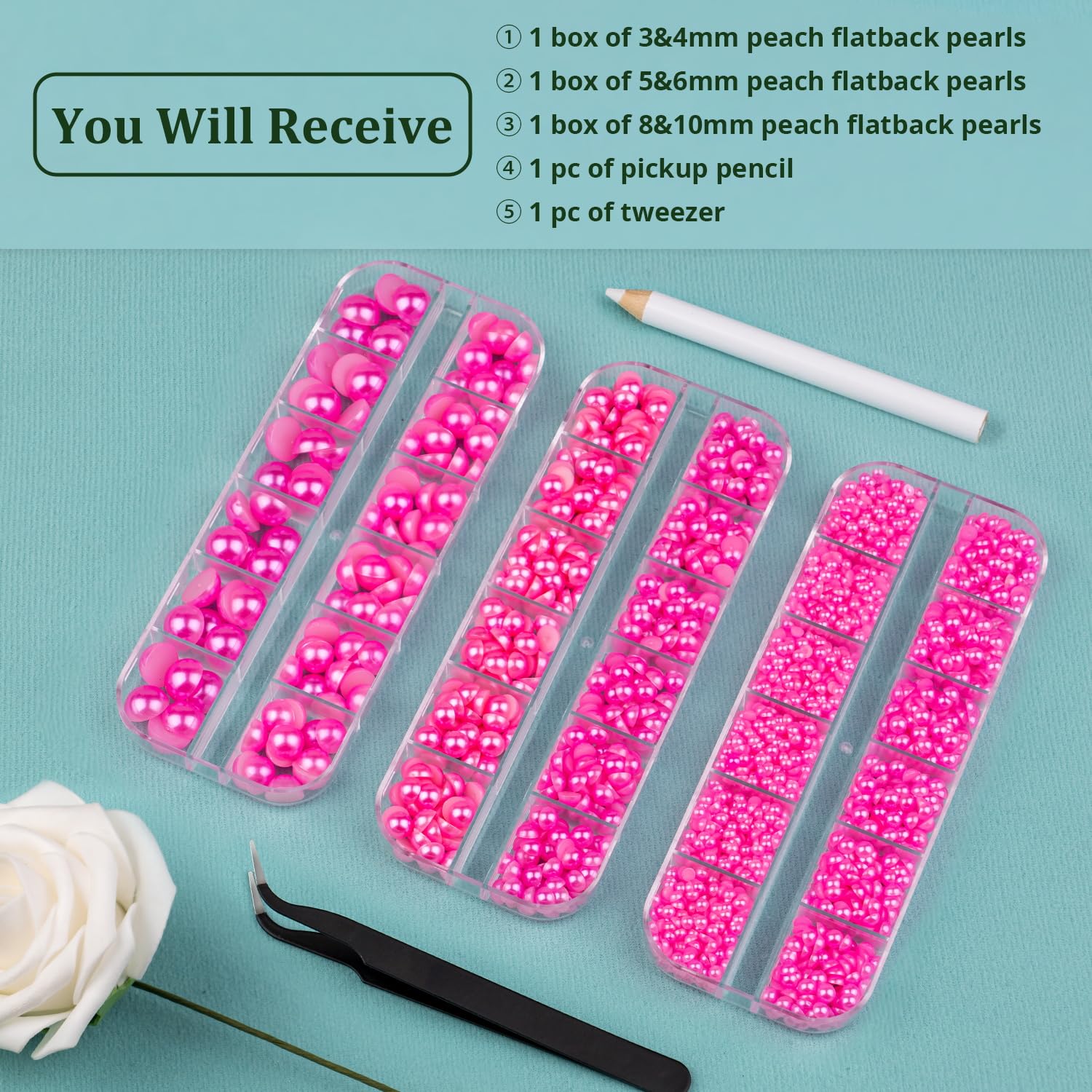 3 Boxes Flat Back Pearls Kit 12 Flatback Peach Half Round Pearls 3-10mm with Pickup Pencil and Tweezer for Home DIY and Professional Nail Art, Face Makeup and Craft