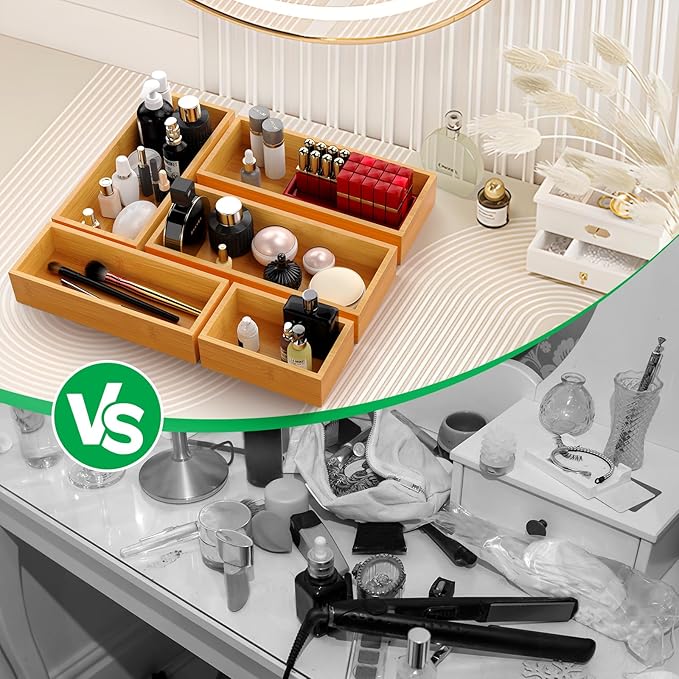 Bamboo Drawer Organizer Set, 5-Piece Storage Trays for Kitchen, Bathroom, Office Desk, Makeup & Junk Drawers,Utensils