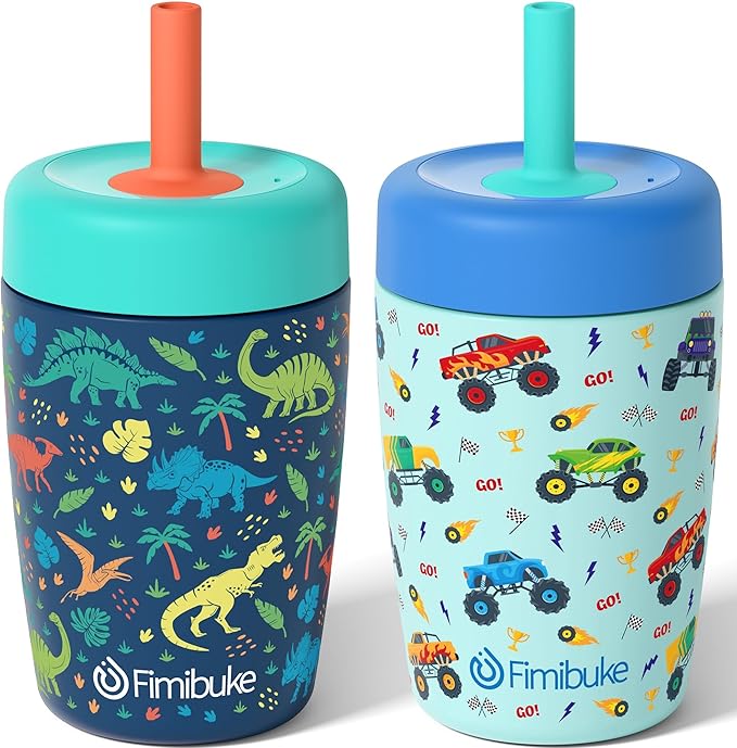 Fimibuke Kids & Toddler Cups Spill Proof, 12 OZ Insulated Sippy Cups for Toddlers Boys Girls, BPA-Free Toddler Straw Tumbler, Stainless Steel Kids Water Bottle with Twist Lids & Silicone Straw, 2 Pack