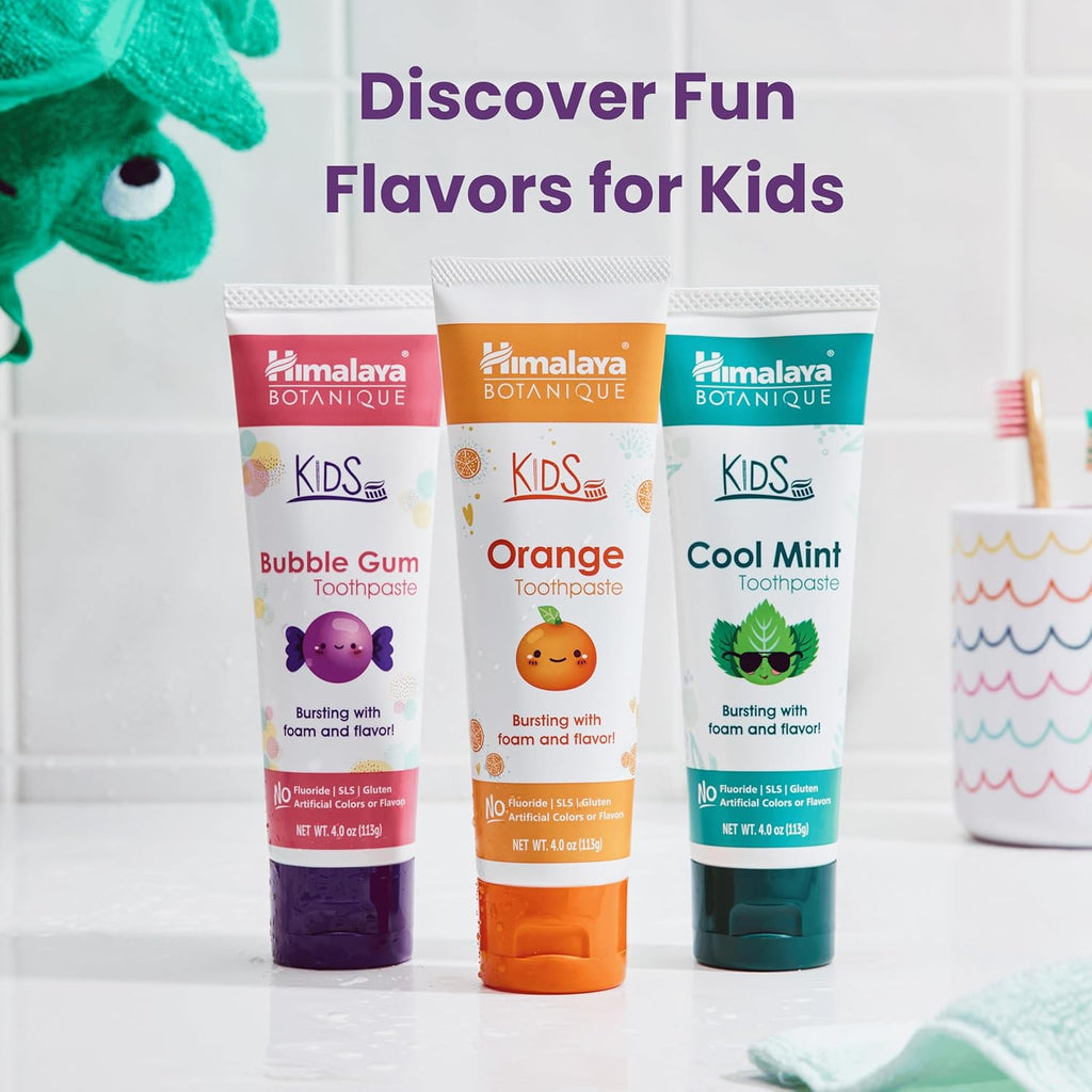 Himalaya Botanique Kids Toothpaste, Herbal, Bubble Gum Flavor, Fights Plaque, Fluoride Free, Gentle, No Artificial Flavors or Colors, SLS Free, Gluten Free, Cruelty Free, Vegan, Foaming, 4 Oz, 2 Pack