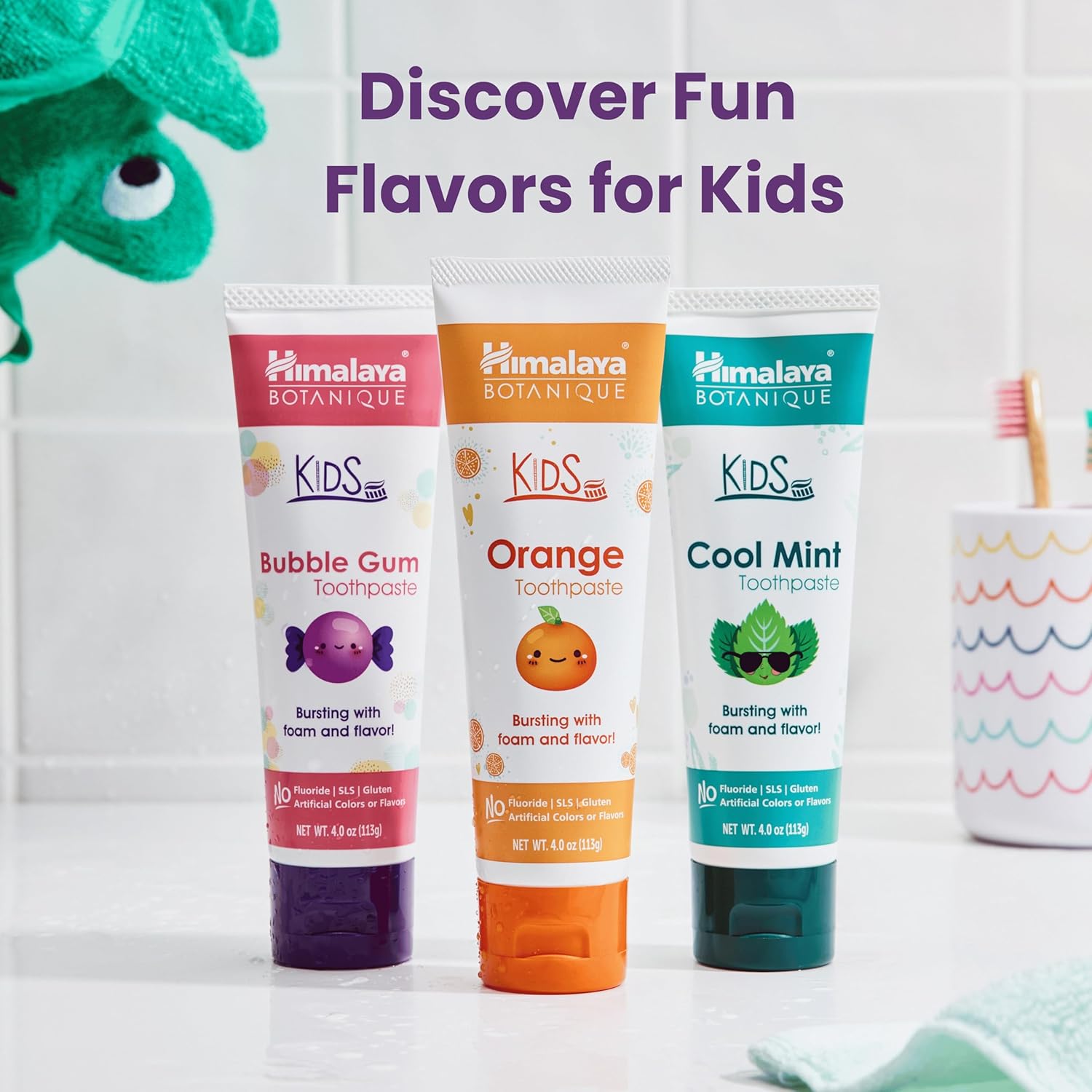 Himalaya Botanique Kids Toothpaste, Herbal, Bubble Gum Flavor, Fights Plaque, Fluoride Free, Gentle, No Artificial Flavors or Colors, SLS Free, Gluten Free, Cruelty Free, Vegan, Foaming, 4 Oz, 2 Pack