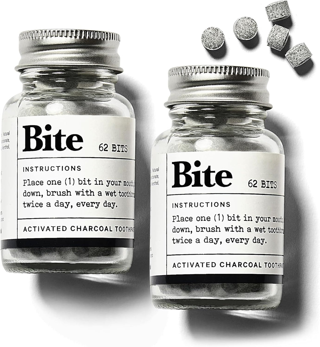 Bite Whitening Toothpaste Tablets – Nano Hydroxyapatite & Xylitol (Mint Charcoal) | Sensitive Teeth Friendly | No Fluoride, Vegan, Cruelty-Free | Travel-Size | 2 Bottles (124 Bits) | Made in USA