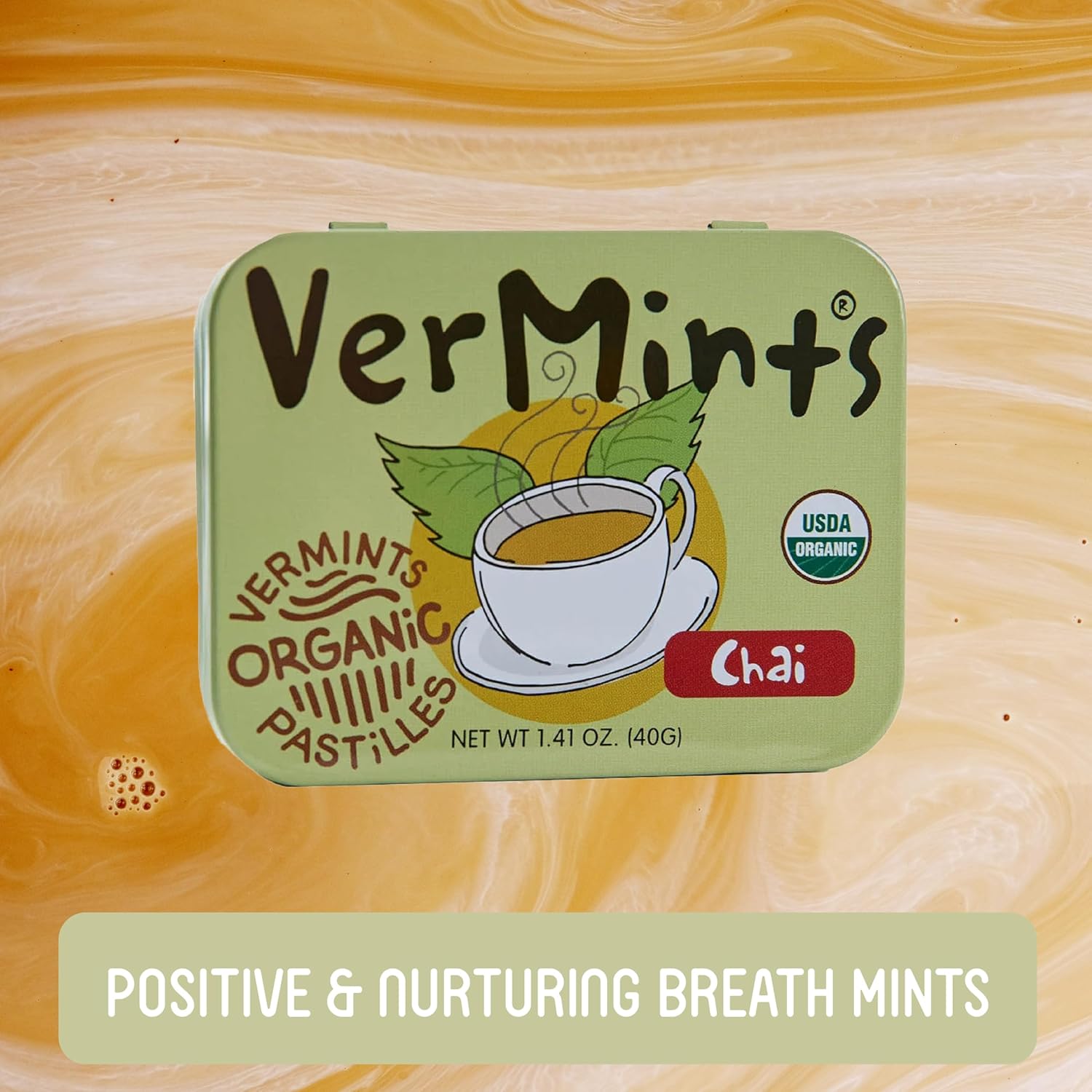 VerMints Organic Breath Mints - Real, Lasting Chai Flavored Pastilles - Breath Fresheners in Travel Mint Tins - Non-GMO, Nut Free, Gluten Free, Kosher & Vegan Candy - 1.41oz (Pack of 6)