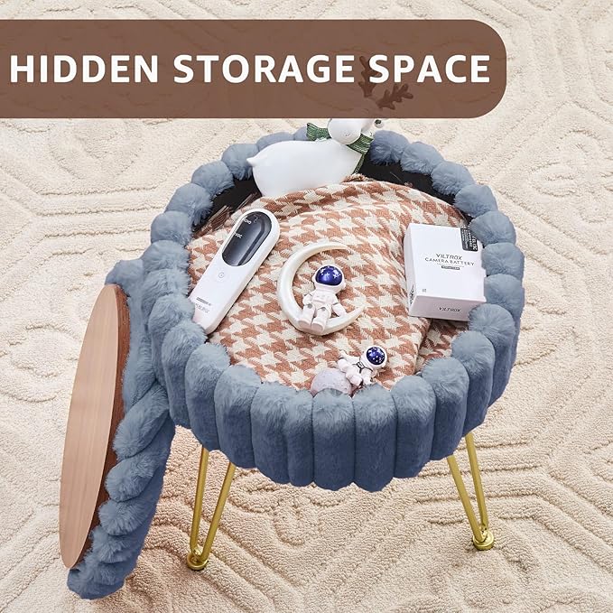 Wimarsbon Vanity Stool with Storage, Faux Fur Ottoman Chair with Metal Legs, Round Makeup Vanity Chair for Bedroom or Dressing Table, Modern Small Ottoman Seat (Grey)