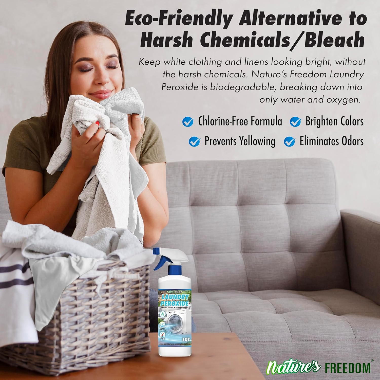 Nature's Freedom Laundry Peroxide Spray – Powerfully Breaks Down Odors & Tough Stains Naturally – Chlorine-Free Whitening & Stain Remover – 32 Fl Oz