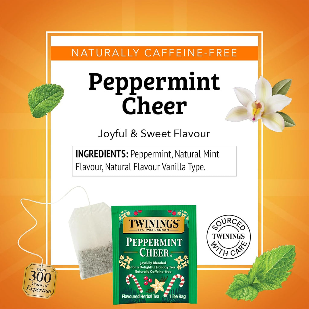 Twinings Peppermint Cheer Herbal Tea Individually Wrapped Bags, 20 Count (Pack of 1), Peppermint & Vanilla, Naturally Caffeine-Free, Enjoy Hot or Iced, 20 Teabags