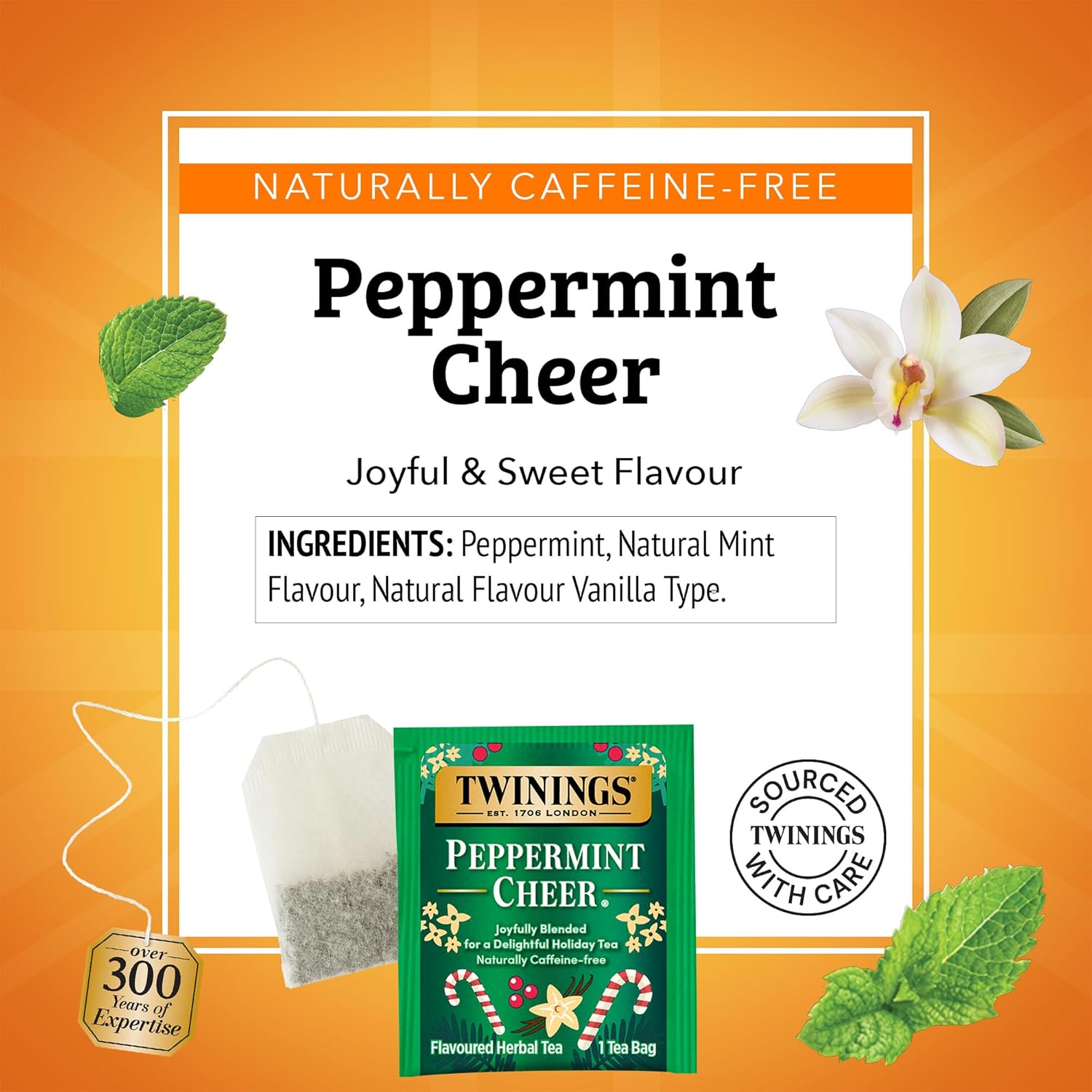 Twinings Peppermint Cheer Herbal Tea Individually Wrapped Bags, 20 Count (Pack of 2), Peppermint & Vanilla, Naturally Caffeine-Free, Enjoy Hot or Iced, 20 Teabags