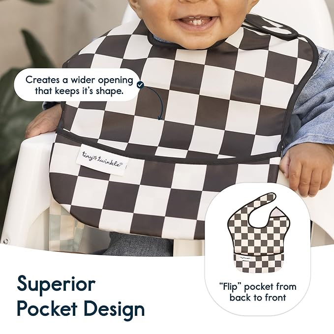 Tiny Twinkle Mess-Proof Baby Bibs for Eating | Waterproof, Wipeable Toddler Bibs with Catch-All Pocket | Feeding Bibs for Girls & Boys(3 Pack,Checkers Boy)