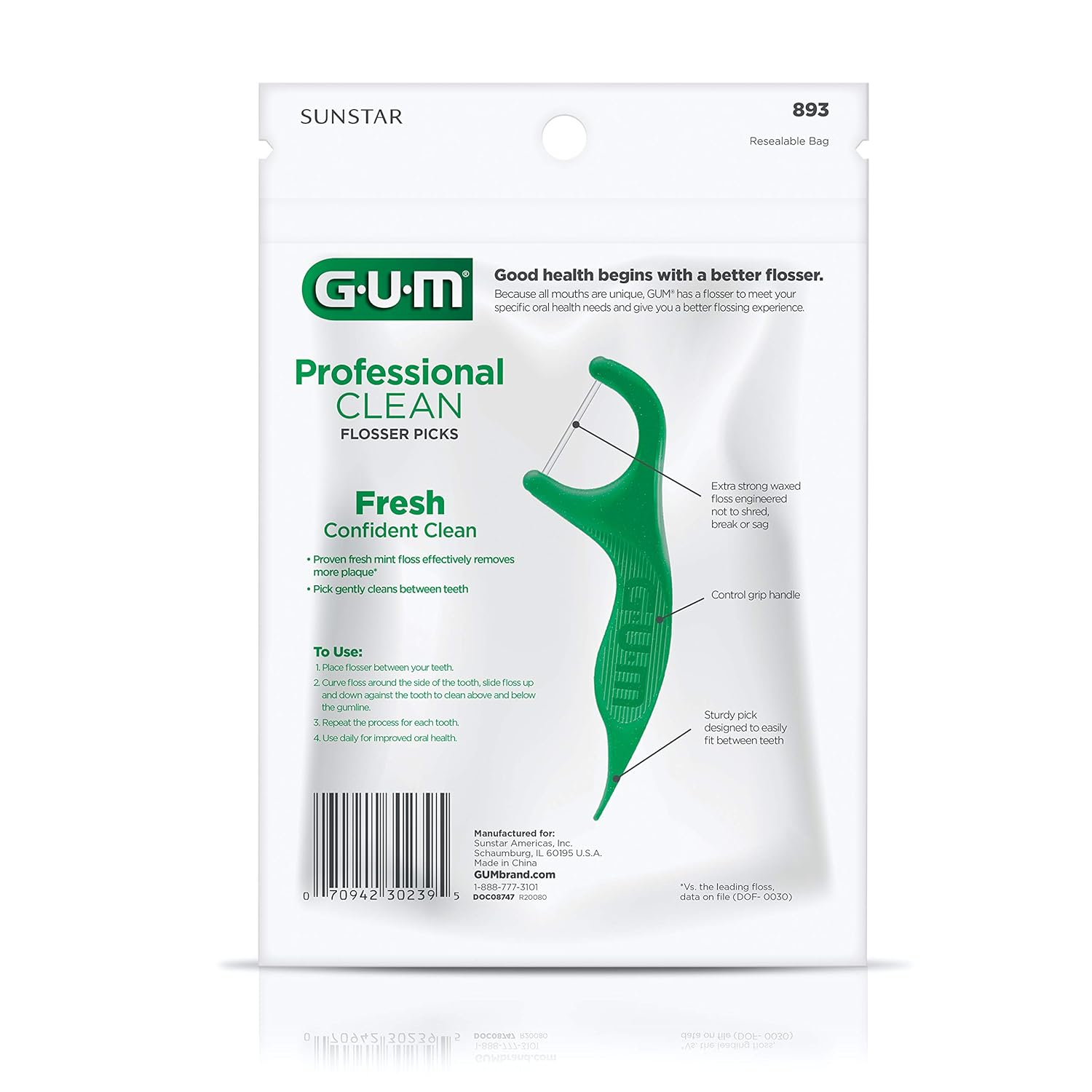 GUM Professional Clean Floss Picks - Extra Strong Shred-Resistant Floss, Easy Grip Handle - Dental Flossers for Adults - Fresh Mint Flavor, 90ct (Pack of 2)