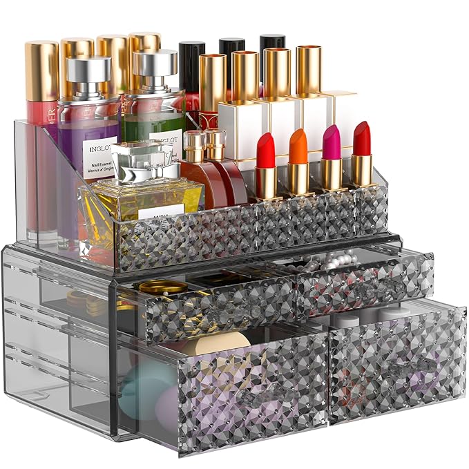 2 Pack Stackable Makeup Organizer with Drawers[Upgraded]-Acrylic Make up Organizers and Storage Case for Cosmetics,Brush,Perfume,Jewelry Display, Vanity and Bathroom Accessories