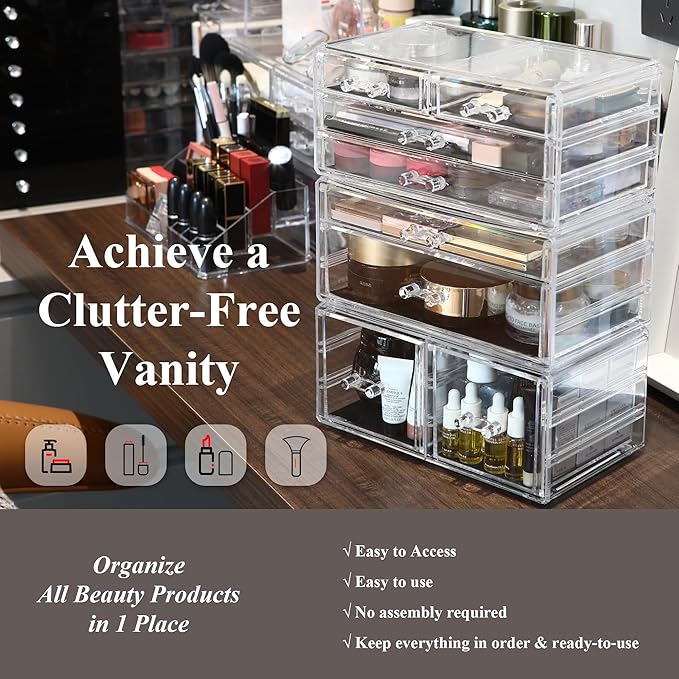 Sea Team 3-Layer Stackable Clear Makeup Organizer with Drawers, Acrylic Plastic Cosmetic Display Case, Jewelry Storage Box, Holder for Dresser, Bathroom, Vanity, Countertop (8 Drawers)