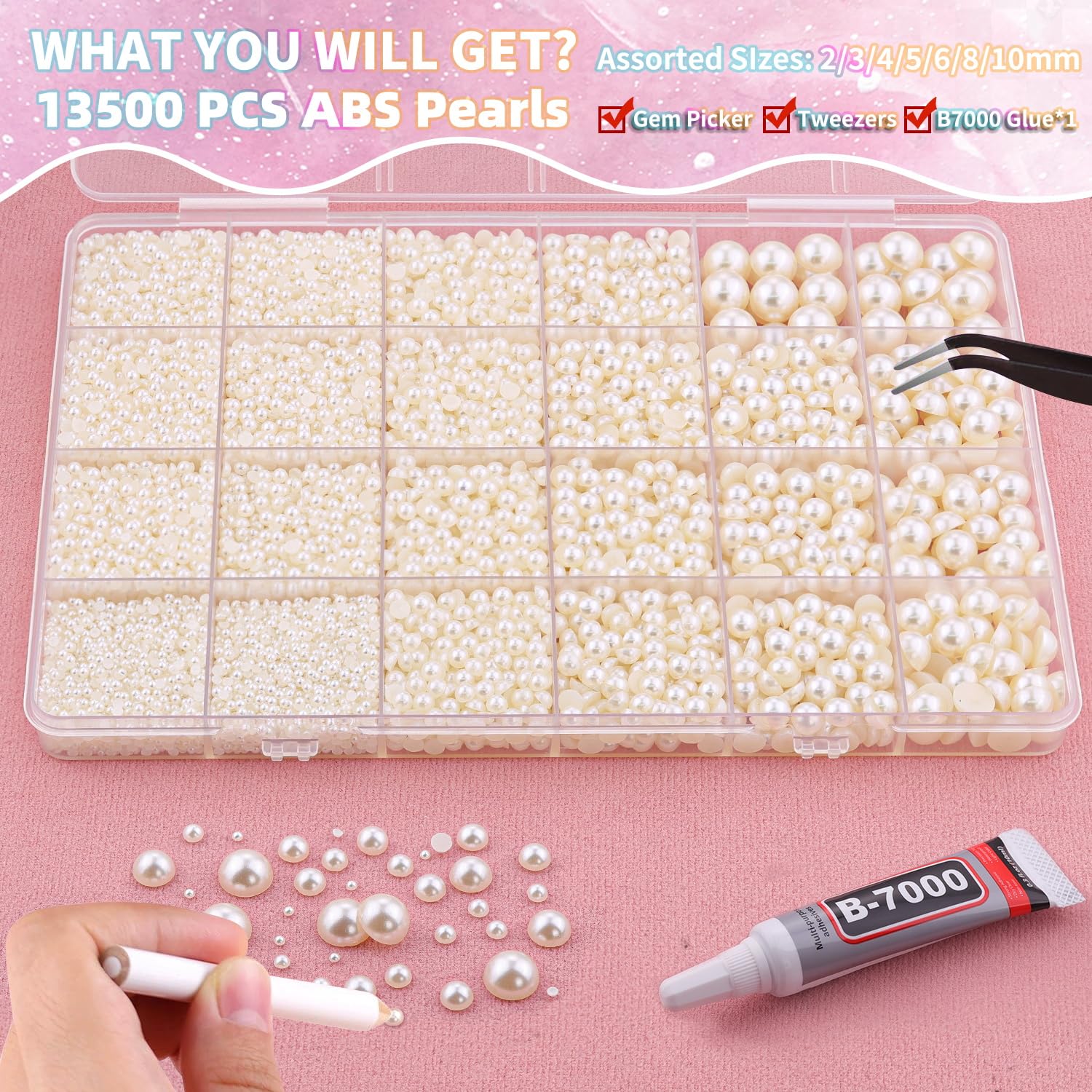 13500Pcs Flatback Pearls for Bedazzling (Beige) with B7000 Jewelry Glue, Assorted Size 2/3/4/5/6/8/10mm Half Pearl, Bedazzling Gems for Crafting Clothing Tumbler Shoes Embellishment Nail Art