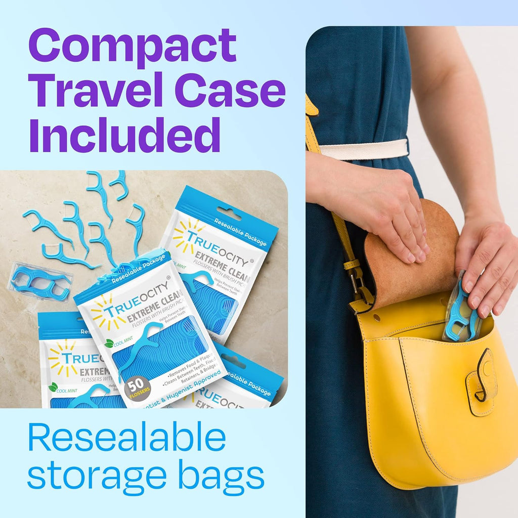 Trueocity Dental Flossers Brush Picks 4 Pack w/Travel Case (200 Total Count), Dental Floss Glides Easy, Flosser Helps Prevent Tooth Decay & Gum Disease, Easy Grip, Flossers for Adults, Mint Flavored