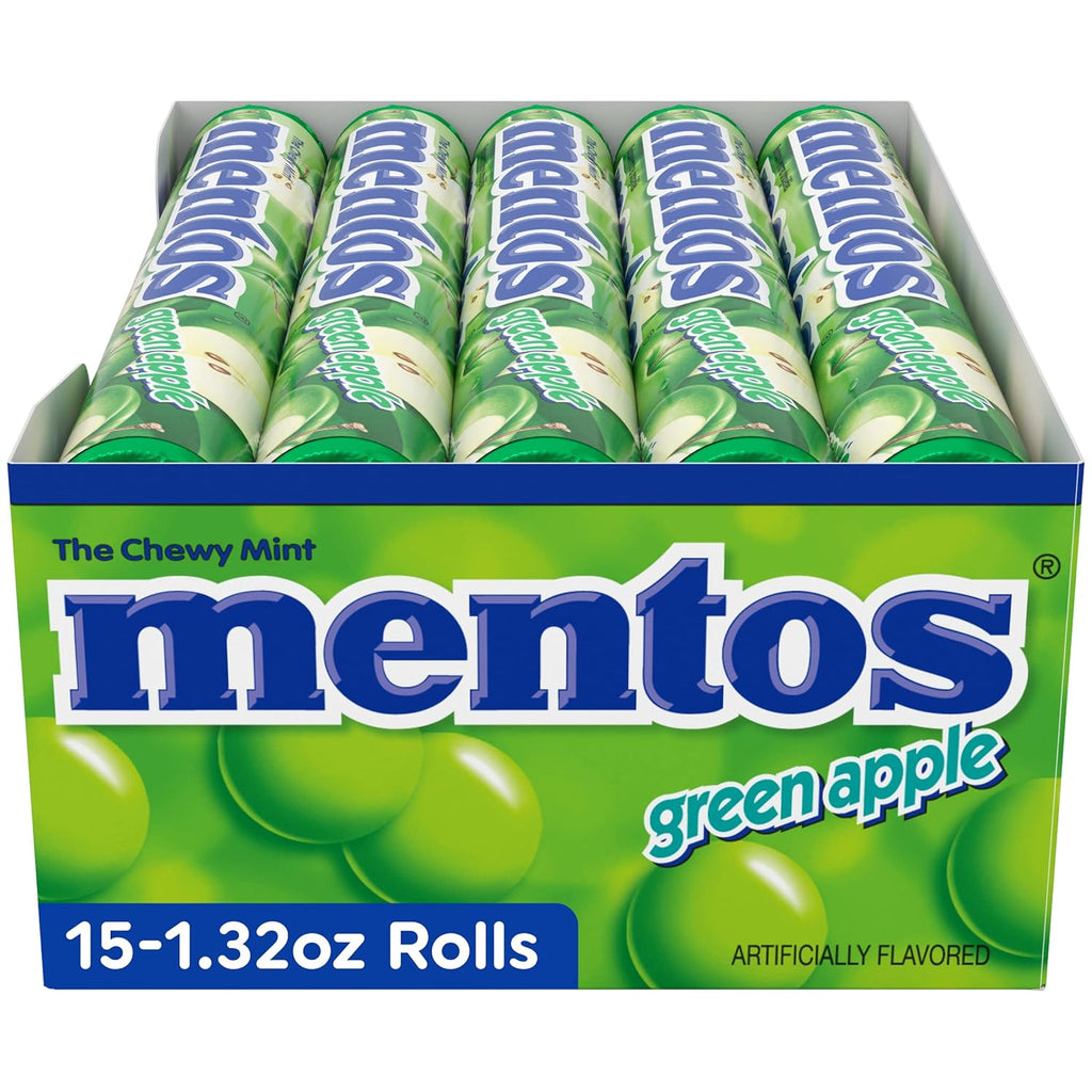 Mentos Chewy Mint Candy Roll, Green Apple, Bulk, Party, Non Melting, 1.32 ounce/14 Pieces (Pack of 15)