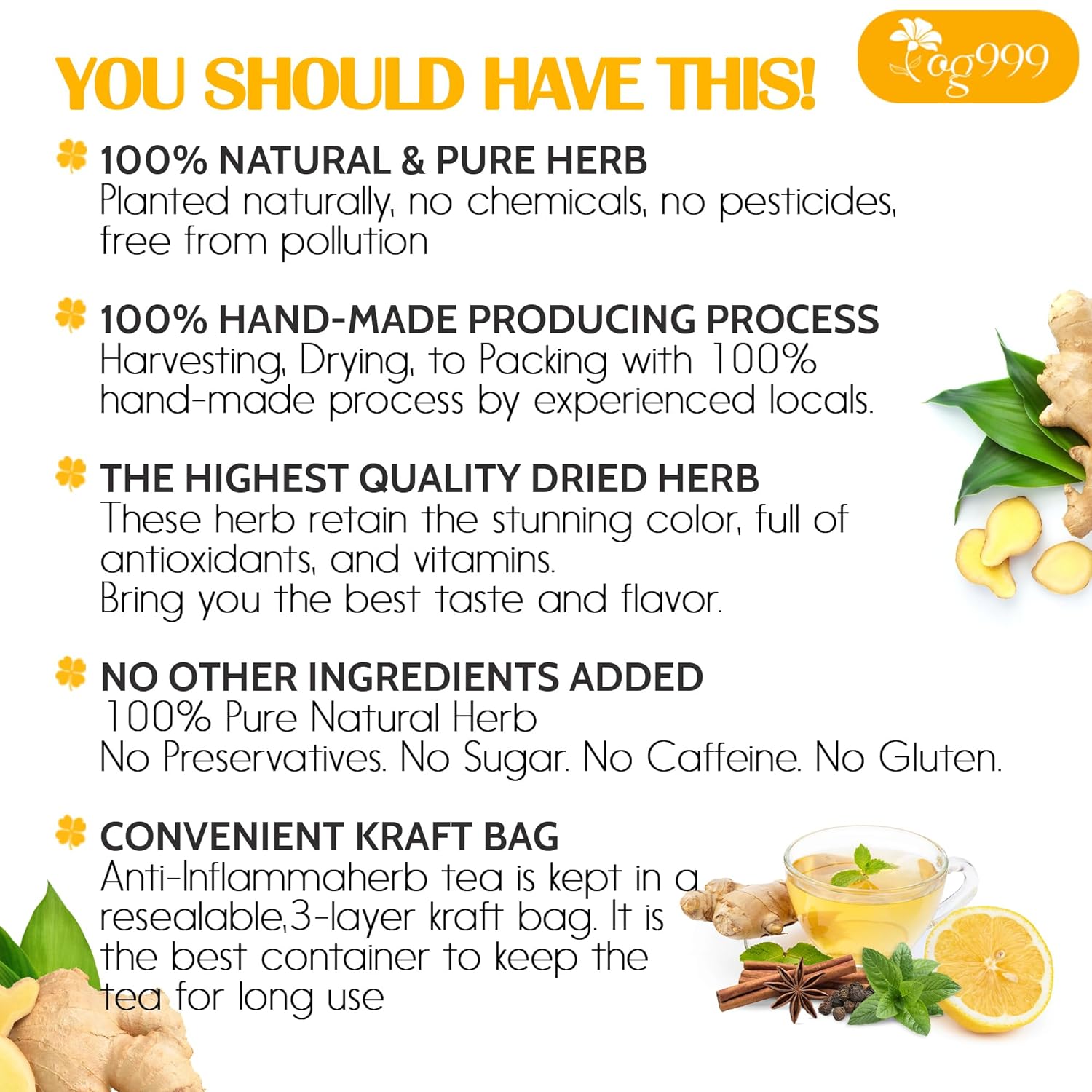 TOG999, 6oz/100 cups Anti-Inflammaheb Loose Leaf Tea | 100% Natural Blend of Ginger, Turmeric, Peppermint, Black Pepper & Cinnamon | Caffeine-Free, Sugar-Free, Gluten-Free, Vegan, Handcrafted