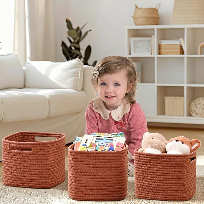3 Pack Cube Storage Bin, 9”x9”x7” Cotton Rope Woven Baskets for Organizing Toys Clothes Towels, Square Gift Storage Baskets for Shelf, Nursery, Closet, Bathroom, Pantry (Red)
