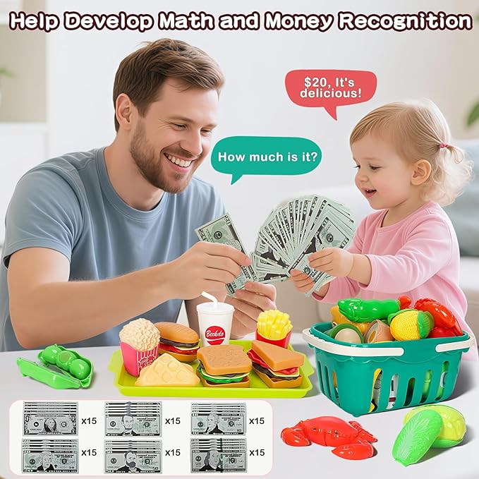 168Pcs Kids Play Kitchen Accessories Toy Set, Pretend Cooking Food Playset with Induction Cooktop, Pot, Pan, Utensils, Cutting Fruit, Prop Money & Shopping Basket, Learning Gifts for Toddler Girl Boy