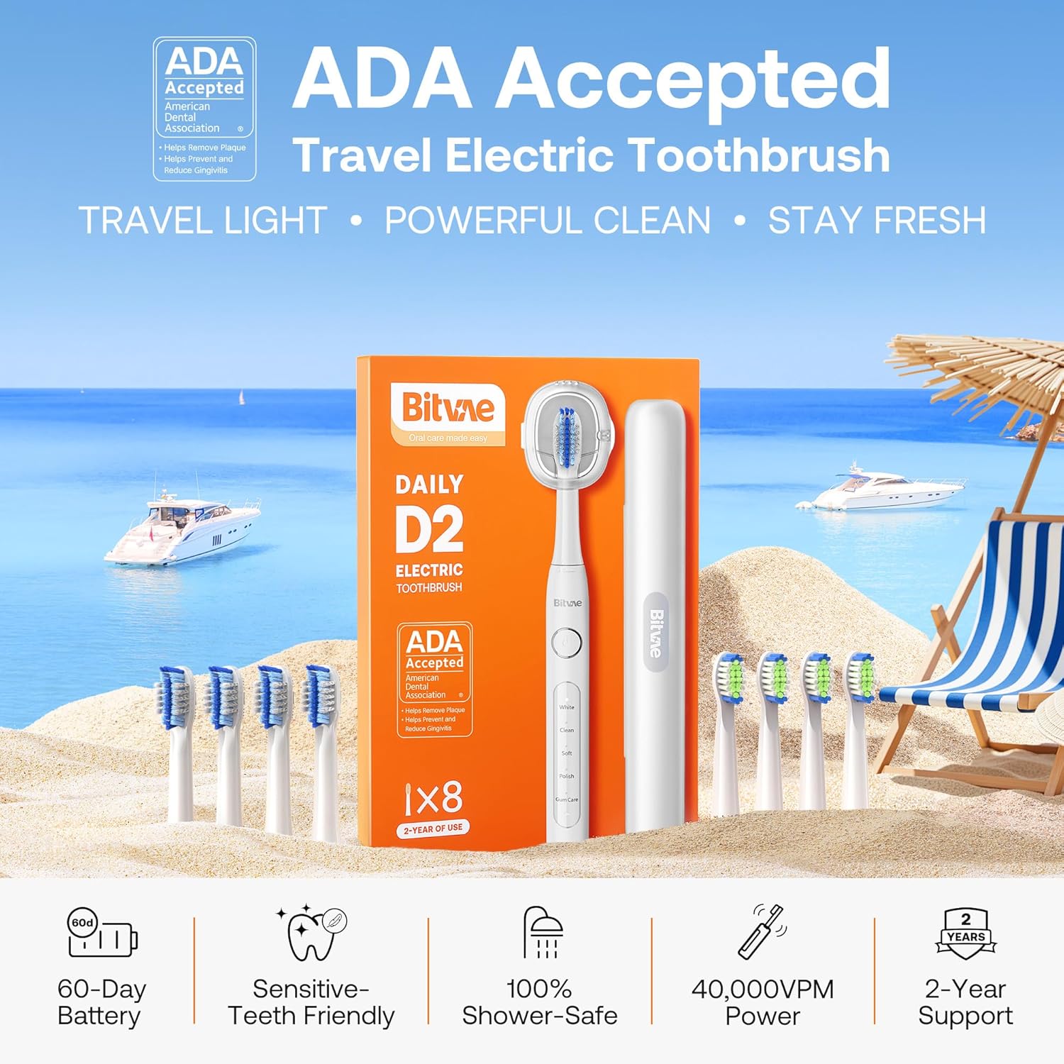 Bitvae Ultrasonic Electric Toothbrush for Adults and Kids, ADA Accepted Travel Toothbrush with Rechargeable 60-Day Battery Life, 5 Modes, 8 Heads, Case, Holder, Frost White