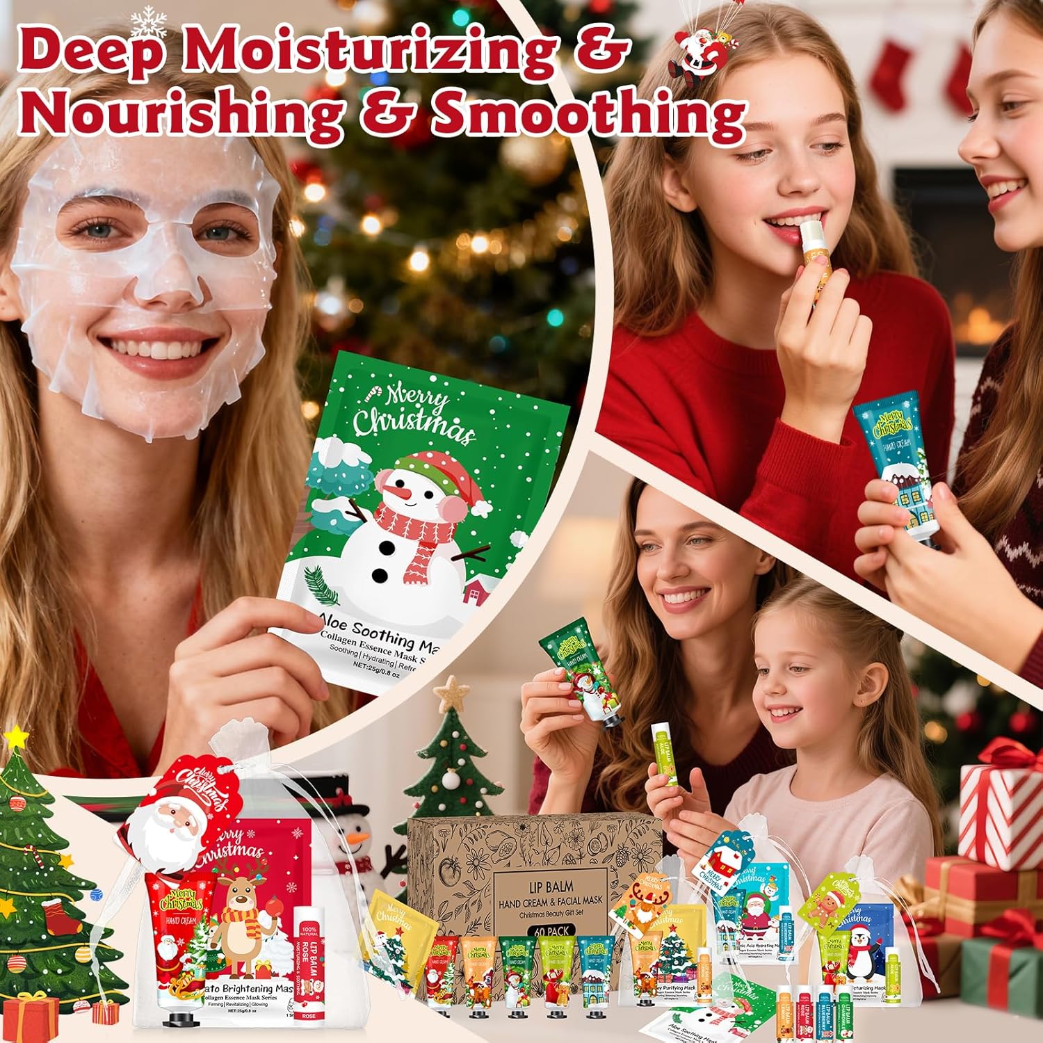 60 Pack Christmas Hand Cream, Facial Mask and Lip Balm Set, Stocking Stuffers for Women, Bulk Christmas Gifts for Coworkers, Party Supplies, Spa Party Favors and Decorations