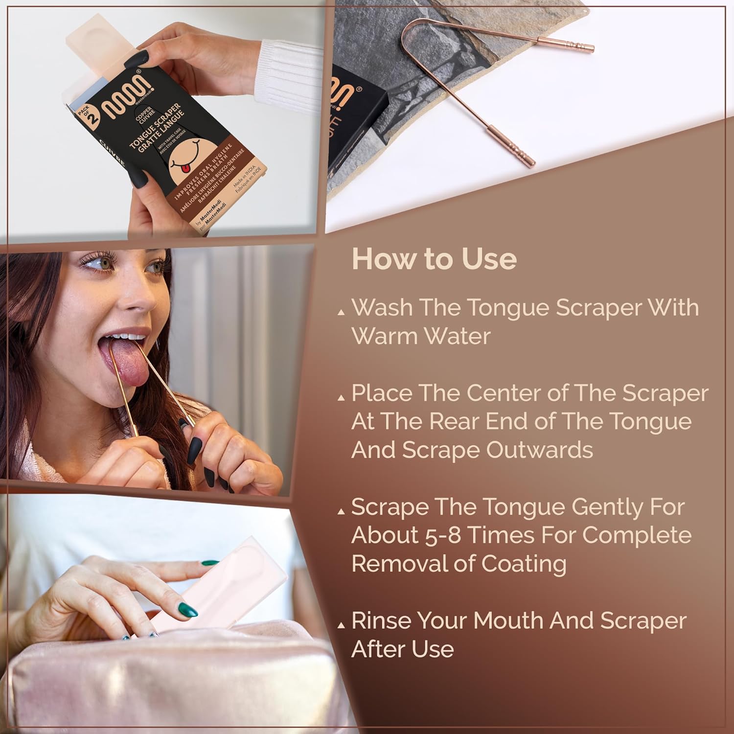 MasterMedi Tongue Scraper with Case Easy to Use Tongue Scraper for Adults, Tongue Cleaner for Oral Care & Hygiene Copper Set of 2 (with Travel Case)