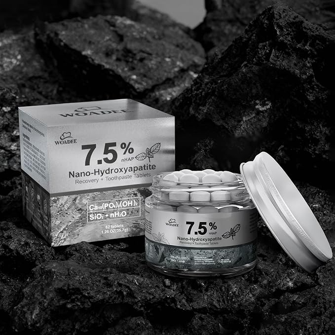 Woadee 7.5% Nano Hydroxyapatite Toothpaste Tablets - Remineralizing Enamel Repair, Fluoride-Free Whitening, Mint Fresh Travel Tabs (62 Count)