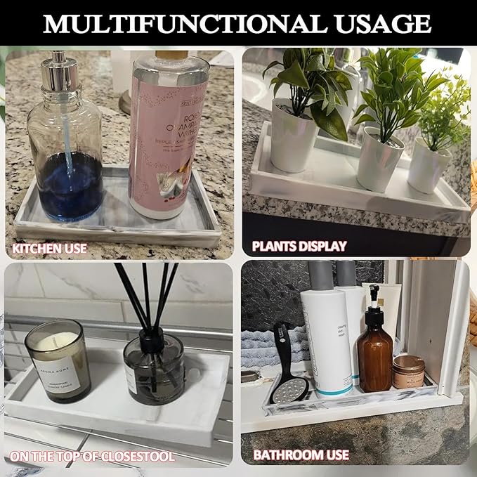 2PCS 11.8” L x 5” W Silicone Soap Dispenser Tray, Bathroom Sink Vanity Trays for Dresser Tops, Toilet, Small Tray for Scrubber, Lotion Bottles, Perfume, Jewelry, Candle, Key Trinket Ring-White Marble