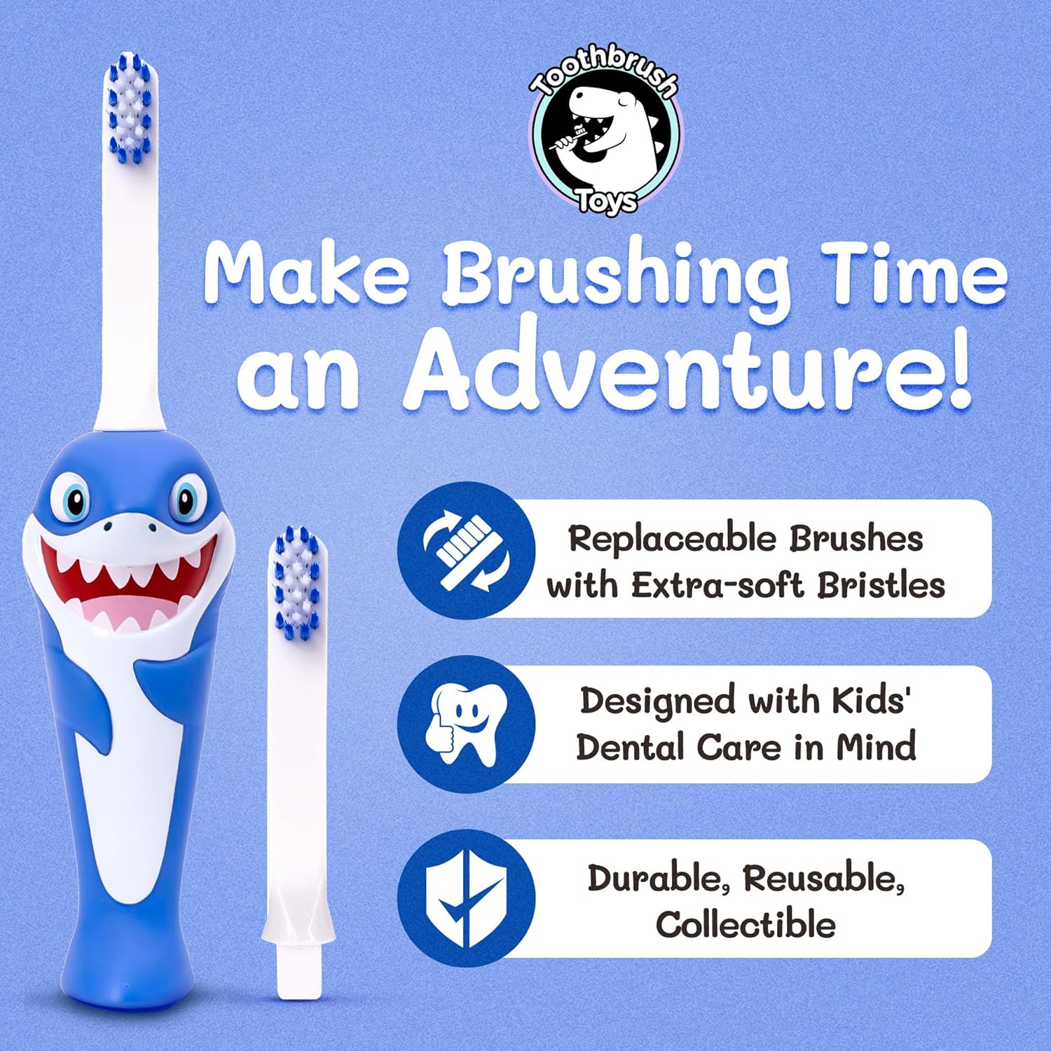 Kids Soft Bristle Shark Toothbrush for Ages 2+, Gentle and Cute Toothbrush for Children with Replaceable Brush Head, Ergonomic Handle Kids Brush for Teeth Care Ideal for Toddlers, Shark Design