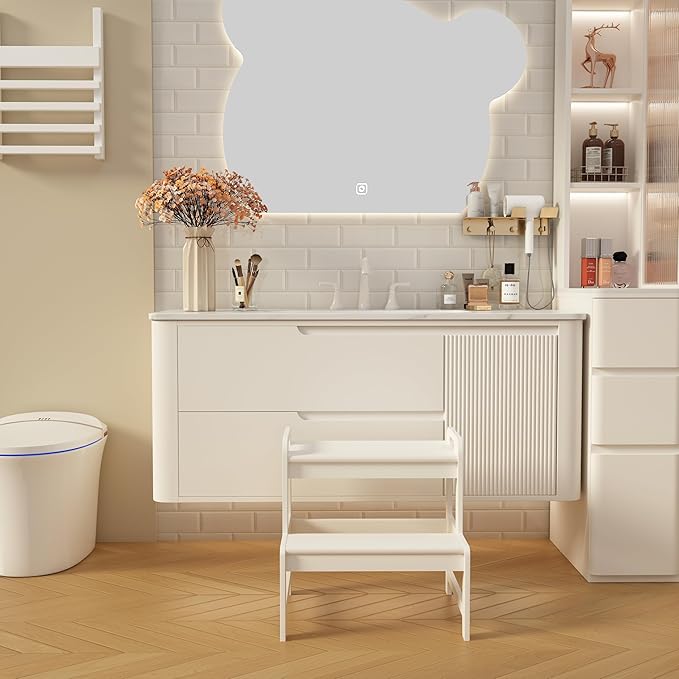 Step Stool for Kids Bamboo Toddler Two Steps Stool with Anti-Slip and Handles Stairs 300 lbs Capacity for Bathroom Kitchen Bedroom(White)