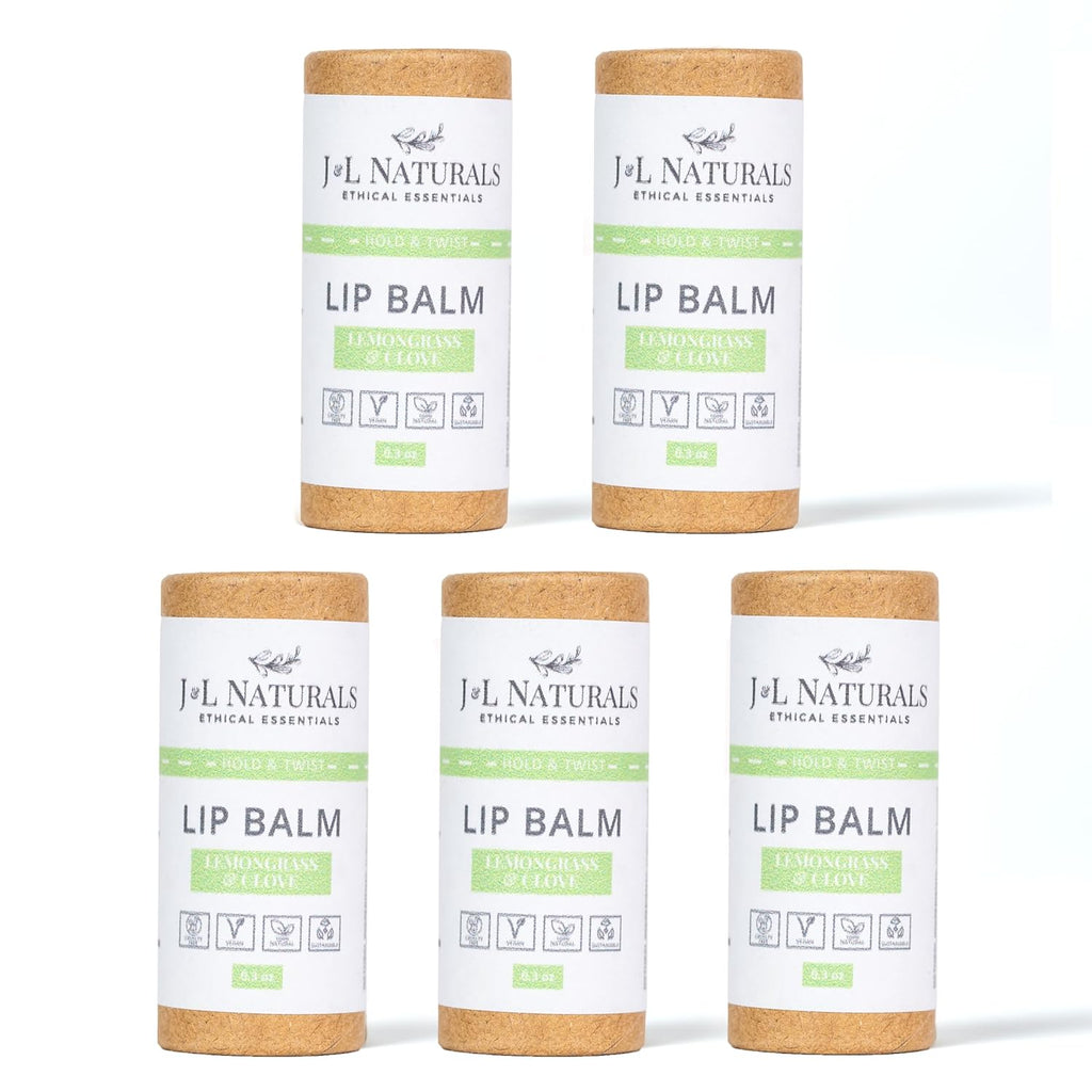 J&L Naturals Sustainable Lip Balm | Organic Ingredients, 100% Natural, Eco-Friendly | Cruelty Free, Vegan, Paraben Free, Silicone Free (Lemongrass & Clove, 5-Piece Bundle)