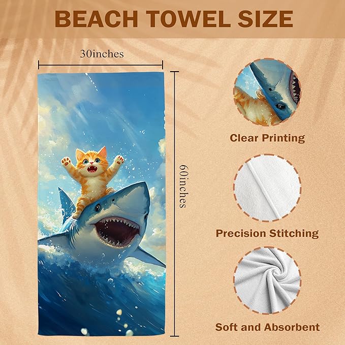 Funny Cat Shark Beach Towel, Coastal Ocean Cats Pool Towels, Cat Shark Lovers Gifts Large Beach Bath Travel Towels for Kids Girls Boys, Funny Cats Sharks Bathroom Accessories Decor, 30x60in
