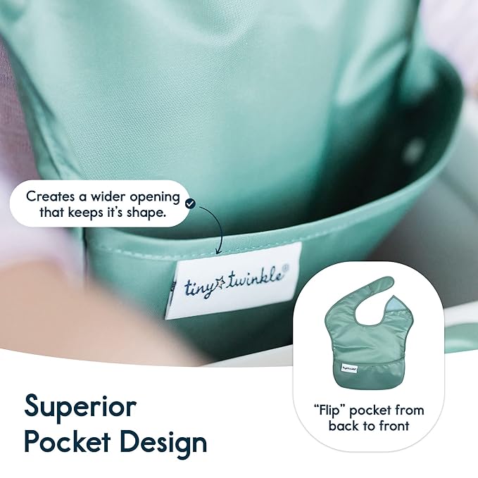 Tiny Twinkle Mess-Proof Baby Bibs for Eating | Waterproof, Wipeable Toddler Bibs with Catch-All Pocket | Feeding Bibs for Girls & Boys(3 Pack,Slate, Olive)
