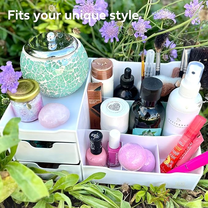 Uncluttered Designs Large Makeup Organizer for Vanity - Countertop Desk With Drawers for Cosmetic, Beauty, Hair, Nail, Perfume & Skincare - Perfect for Bathroom & Bedroom Storage (White)