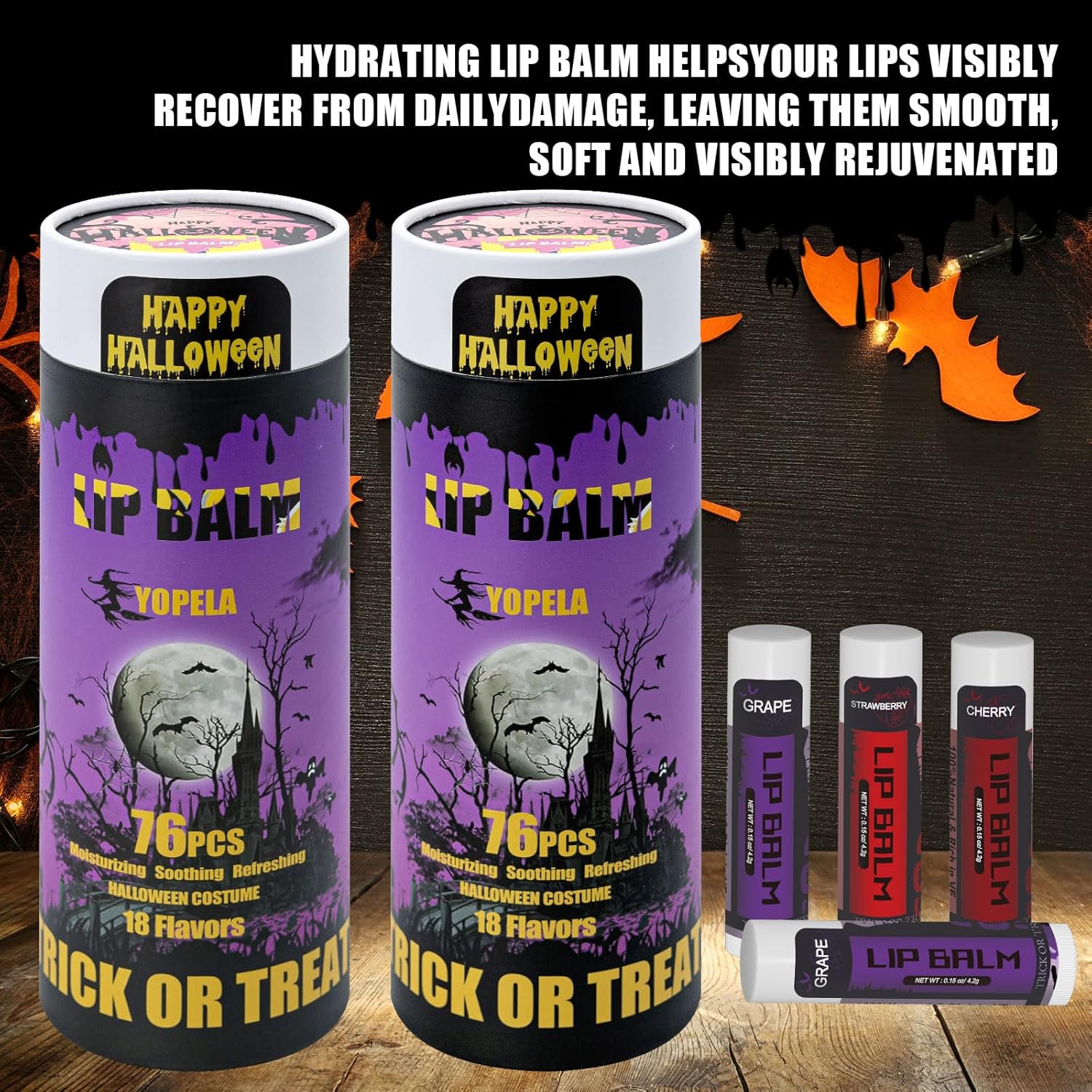 Yopela 76 Packs Halloween Lip Balm,18 Flavors Natural Chap Stick in Bulk, Moisturizing Stocking Dry Lips, Men Women Kids Party Gifts, Lip Care Product with Gift Card