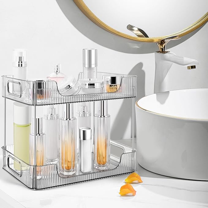 2-Tier Bathroom Counter Organizer Countertop Storage, Dresser Organizer Vanity Tray for Makeup, Perfume Organizer Cosmetics Skincare Shelf- Grey