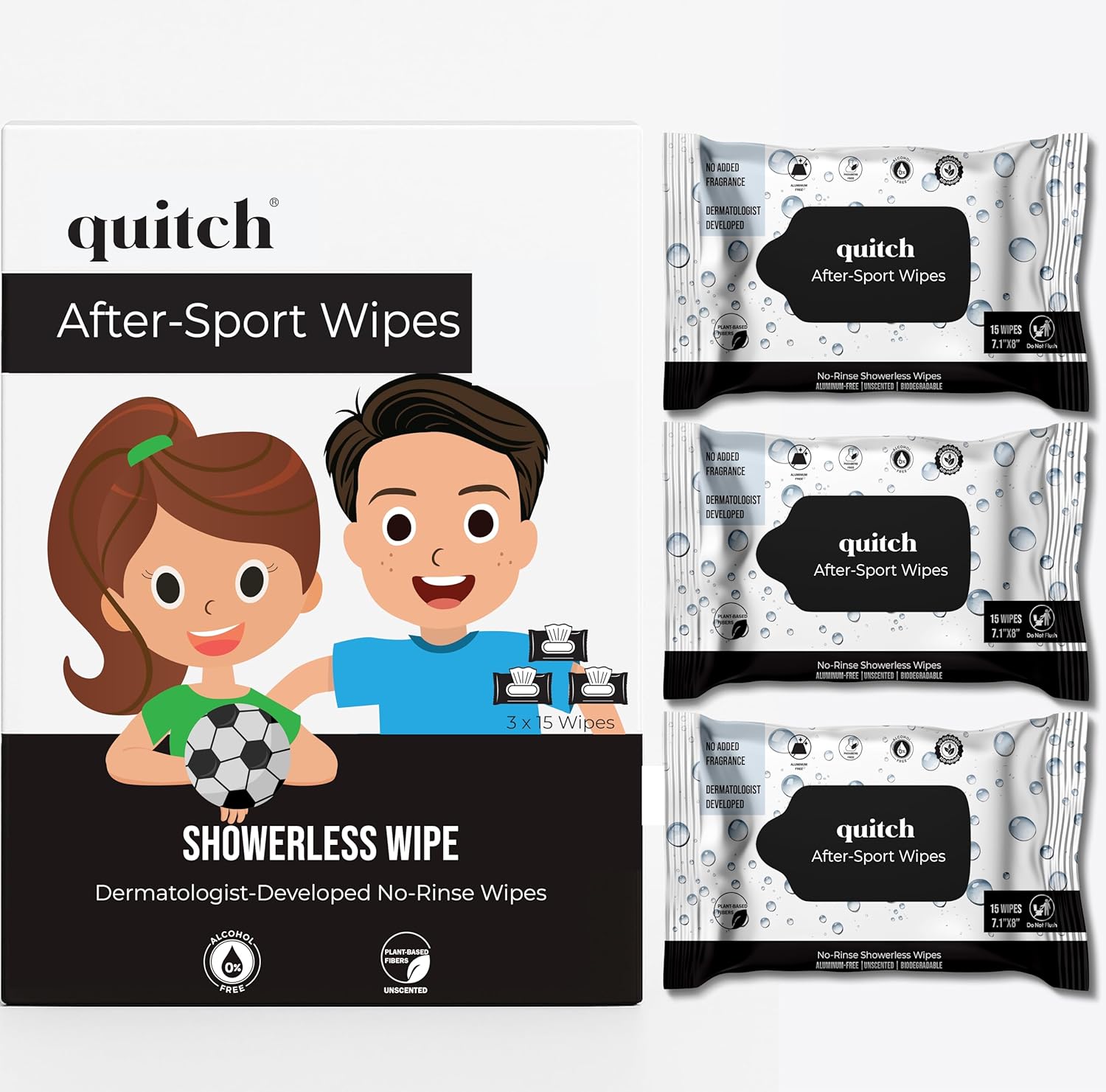 Quitch After-Sport Wipe Unscented Shower-Free Body Wipe for Kids & Baby, No Rinse, Underarm Aluminum-Free Natural Deodorant, Non-Toxic Sensitive Skin Towelettes, Travel-Friendly Camping Essential